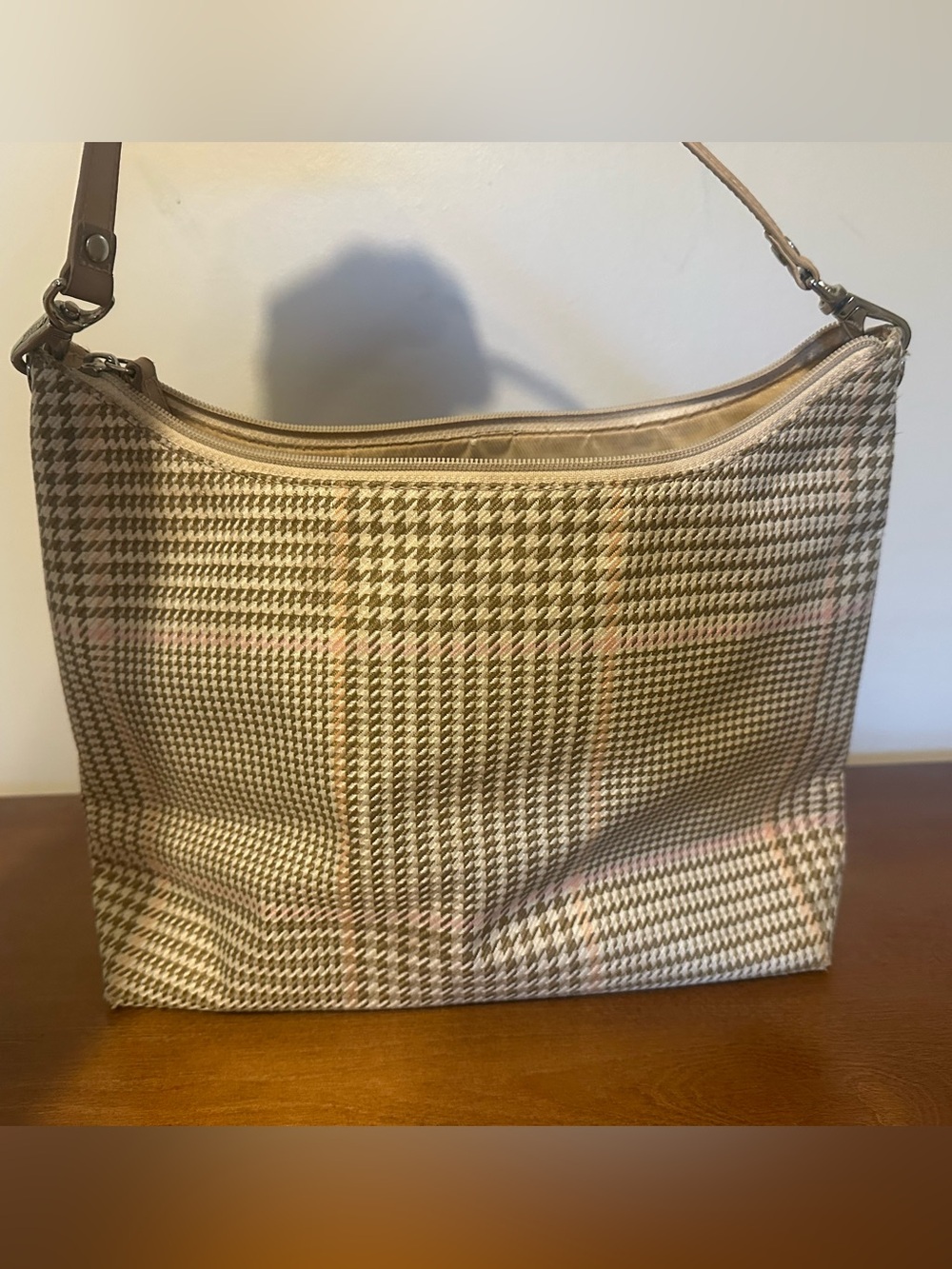 Ralph Lauren RLL Neutral Houndstooth Shoulder Bag with Pink Stripe